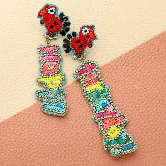 HAPPY TURKEYDAY Thanksgiving Theme Turkey Holiday Sparkle Beaded Earrings - Picture 2 of 4